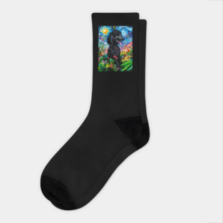 Black Poodle Starry Night with Flowers Socks