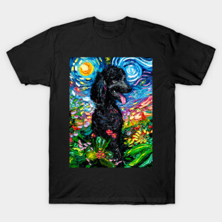 Black Poodle Starry Night with Flowers T-Shirt