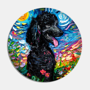 Black Poodle Starry Night with Flowers Pin