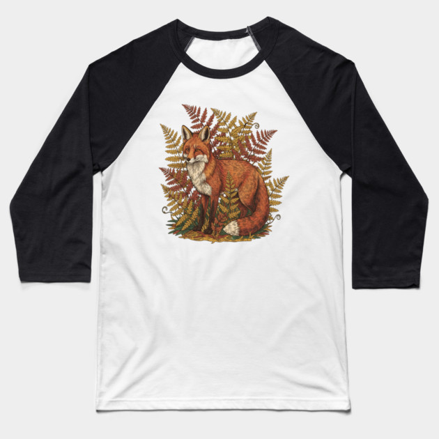 Vintage Red Fox Among Golden Autumn Ferns Baseball T-Shirt by BirdsnStuff
