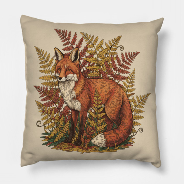 Vintage Red Fox Among Golden Autumn Ferns Pillow by BirdsnStuff