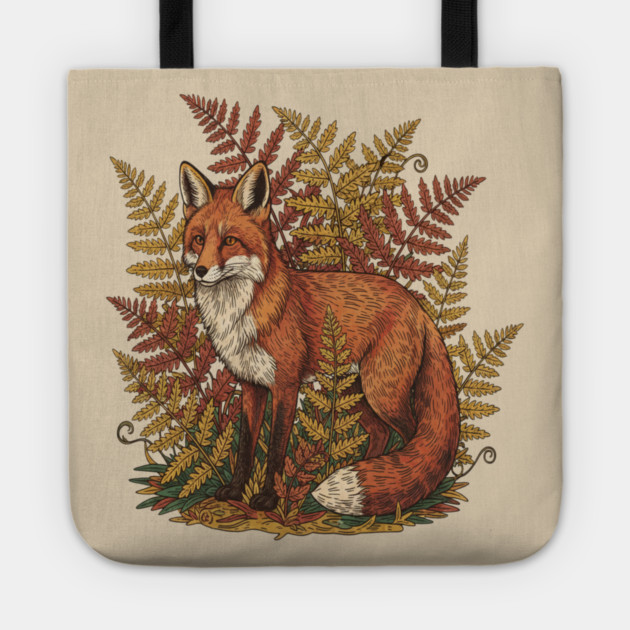 Vintage Red Fox Among Golden Autumn Ferns Tote by BirdsnStuff