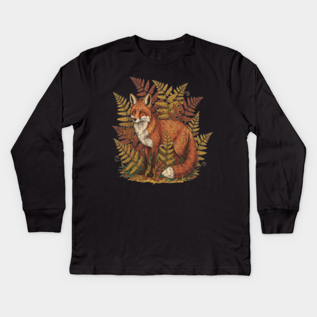 Vintage Red Fox Among Golden Autumn Ferns Kids Long Sleeve T-Shirt by BirdsnStuff