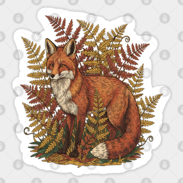 Vintage Red Fox Among Golden Autumn Ferns Sticker by BirdsnStuff
