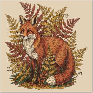 Vintage Red Fox Among Golden Autumn Ferns Posters and Art