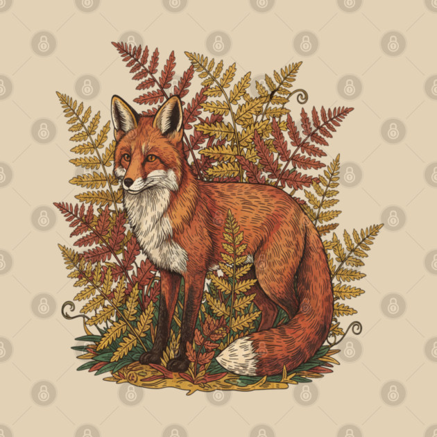 Vintage Red Fox Among Golden Autumn Ferns by BirdsnStuff