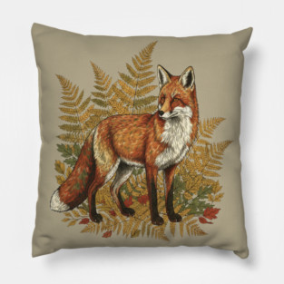 Red Fox in Autumn Ferns Vintage Botanical Art Pillow