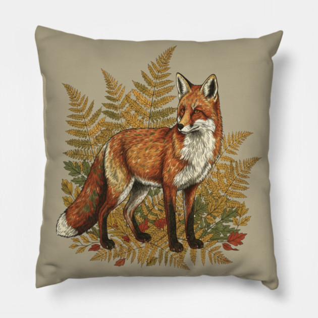 Red Fox in Autumn Ferns Vintage Botanical Art Pillow by BirdsnStuff