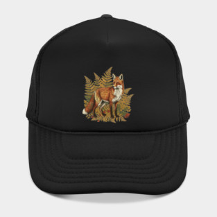Red Fox in Autumn Ferns Vintage Botanical Art Hat