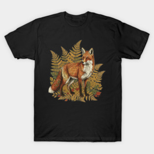 Red Fox in Autumn Ferns Vintage Botanical Art T-Shirt