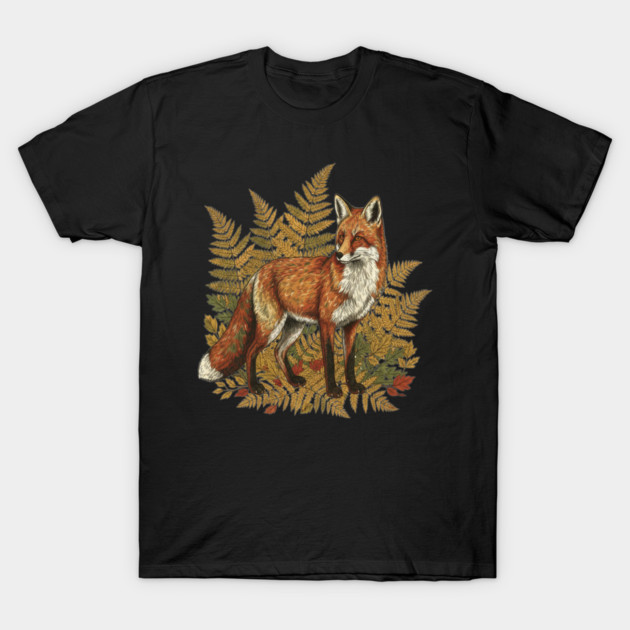 Red Fox in Autumn Ferns Vintage Botanical Art T-Shirt by BirdsnStuff