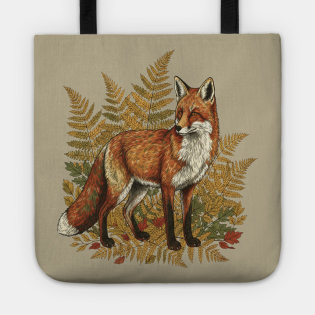 Red Fox in Autumn Ferns Vintage Botanical Art Tote by BirdsnStuff