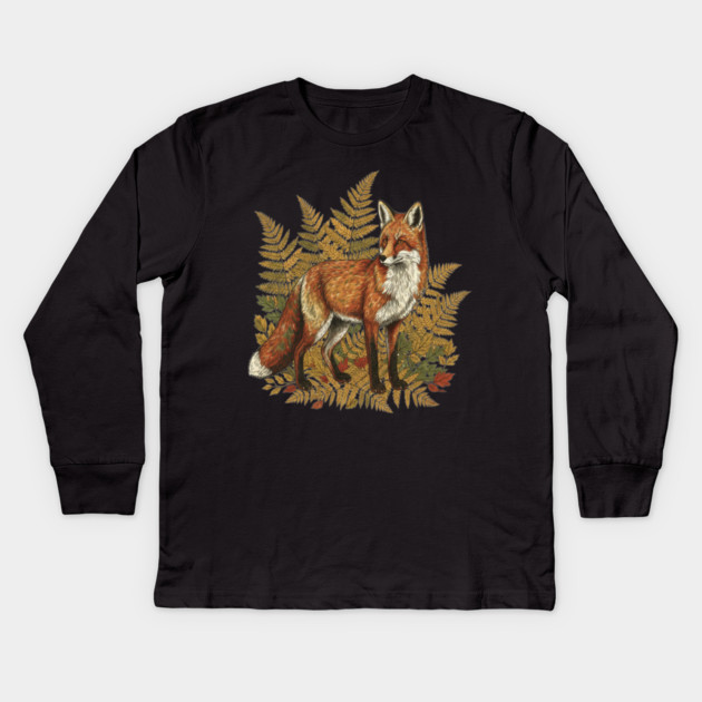Red Fox in Autumn Ferns Vintage Botanical Art Kids Long Sleeve T-Shirt by BirdsnStuff