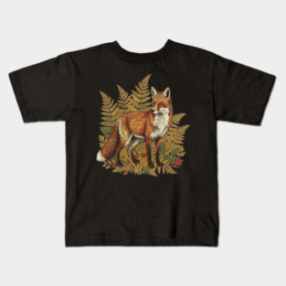 Red Fox in Autumn Ferns Vintage Botanical Art Kids T-Shirt