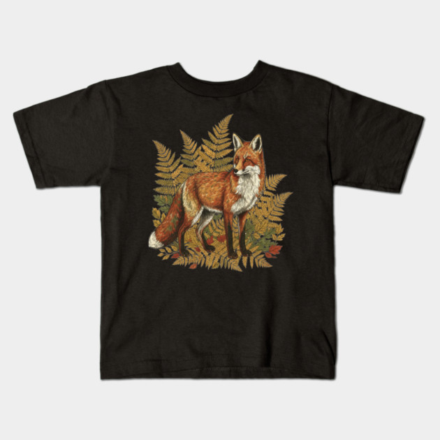 Red Fox in Autumn Ferns Vintage Botanical Art Kids T-Shirt by BirdsnStuff