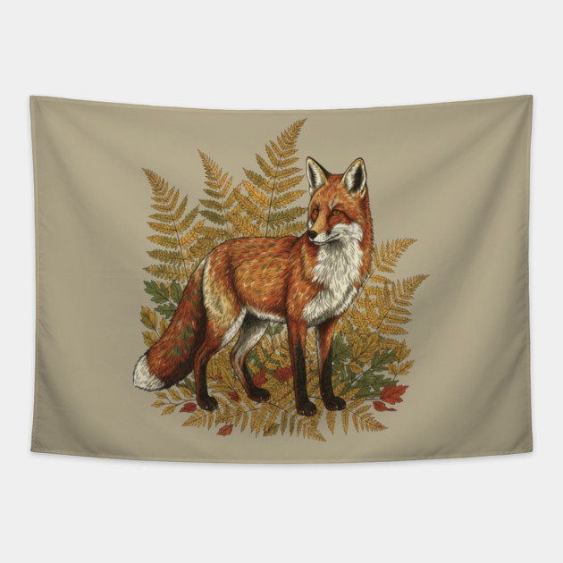 Red Fox in Autumn Ferns Vintage Botanical Art Tapestry by BirdsnStuff