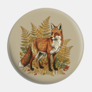 Red Fox in Autumn Ferns Vintage Botanical Art Pin