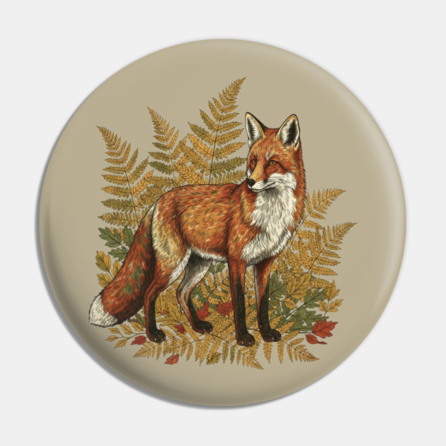 Red Fox in Autumn Ferns Vintage Botanical Art Pin by BirdsnStuff