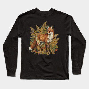 Red Fox in Autumn Ferns Vintage Botanical Art Long Sleeve T-Shirt
