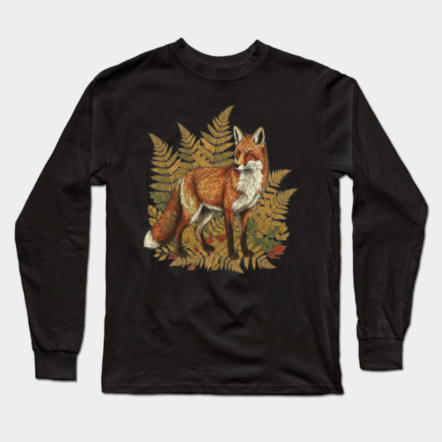 Red Fox in Autumn Ferns Vintage Botanical Art Long Sleeve T-Shirt by BirdsnStuff