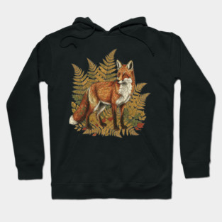 Red Fox in Autumn Ferns Vintage Botanical Art Hoodie