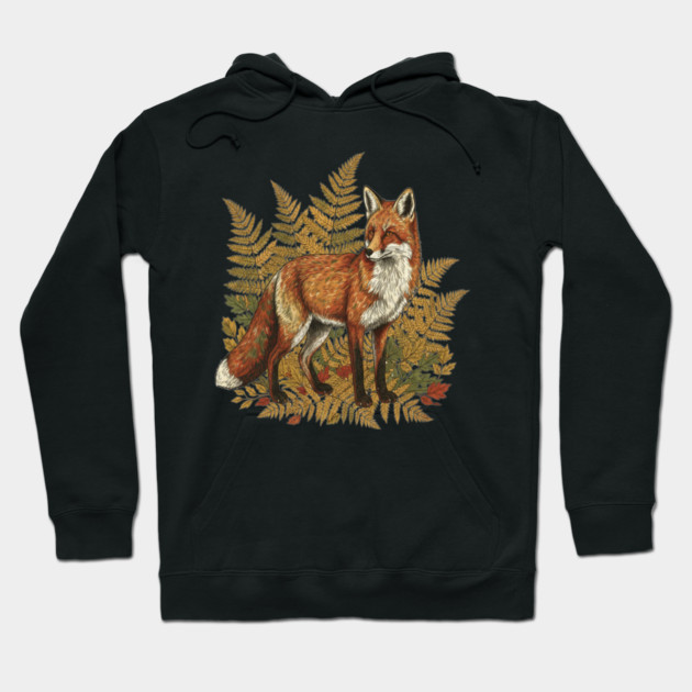 Red Fox in Autumn Ferns Vintage Botanical Art Hoodie by BirdsnStuff