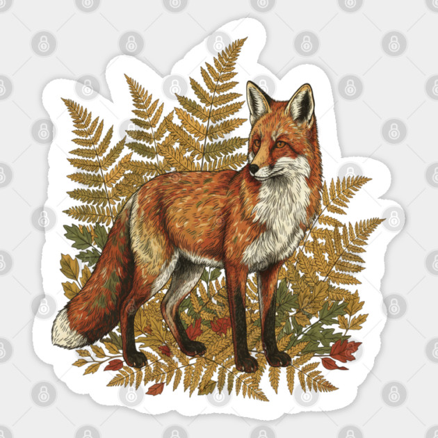 Red Fox in Autumn Ferns Vintage Botanical Art Sticker by BirdsnStuff