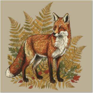 Red Fox in Autumn Ferns Vintage Botanical Art Posters and Art