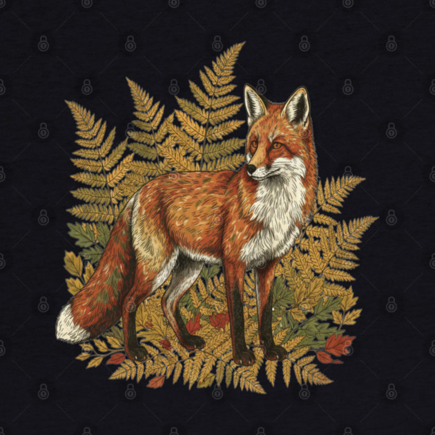 Red Fox in Autumn Ferns Vintage Botanical Art by BirdsnStuff