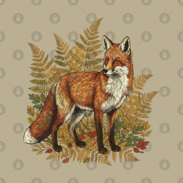 Red Fox in Autumn Ferns Vintage Botanical Art by BirdsnStuff