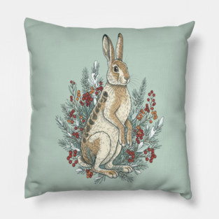 Snowshoe Hare With Winter Berries Vintage Naturalist Art Pillow