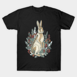 Snowshoe Hare With Winter Berries Vintage Naturalist Art T-Shirt