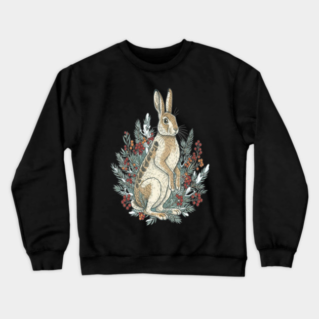 Snowshoe Hare With Winter Berries Vintage Naturalist Art Crewneck Sweatshirt by BirdsnStuff