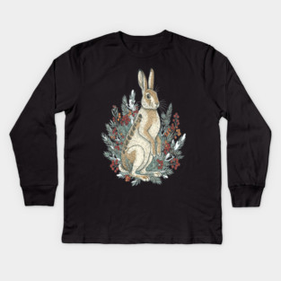 Snowshoe Hare With Winter Berries Vintage Naturalist Art Kids Long Sleeve T-Shirt