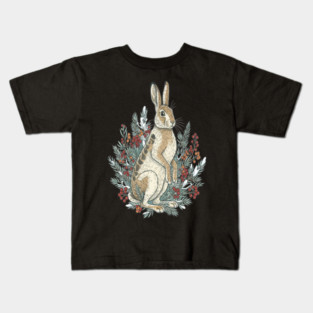 Snowshoe Hare With Winter Berries Vintage Naturalist Art Kids T-Shirt