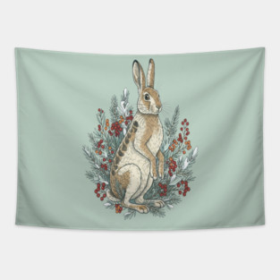 Snowshoe Hare With Winter Berries Vintage Naturalist Art Tapestry