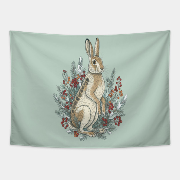 Snowshoe Hare With Winter Berries Vintage Naturalist Art Tapestry by BirdsnStuff