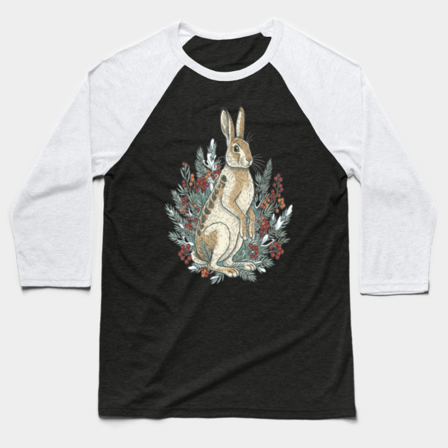 Snowshoe Hare With Winter Berries Vintage Naturalist Art Baseball T-Shirt by BirdsnStuff