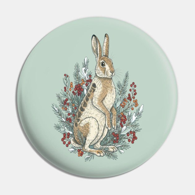 Snowshoe Hare With Winter Berries Vintage Naturalist Art Pin by BirdsnStuff