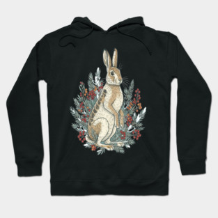 Snowshoe Hare With Winter Berries Vintage Naturalist Art Hoodie