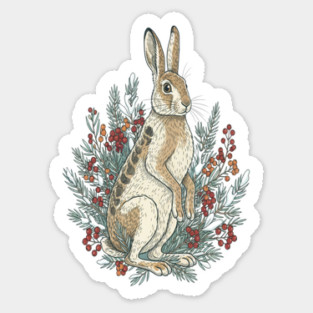 Snowshoe Hare With Winter Berries Vintage Naturalist Art Sticker