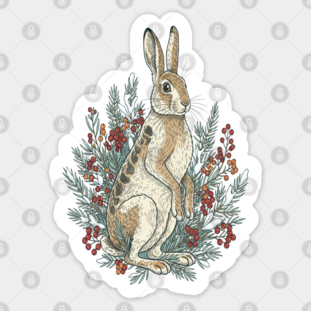 Snowshoe Hare With Winter Berries Vintage Naturalist Art Sticker by BirdsnStuff