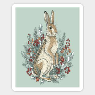 Snowshoe Hare With Winter Berries Vintage Naturalist Art Magnet
