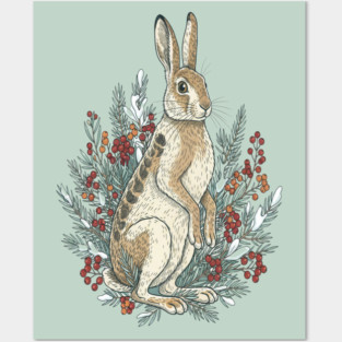 Snowshoe Hare With Winter Berries Vintage Naturalist Art Posters and Art
