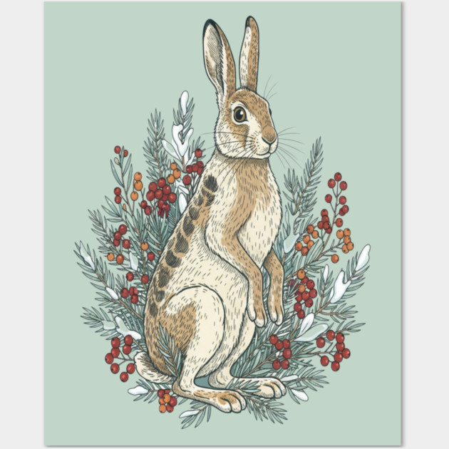 Snowshoe Hare With Winter Berries Vintage Naturalist Art Wall Art by BirdsnStuff