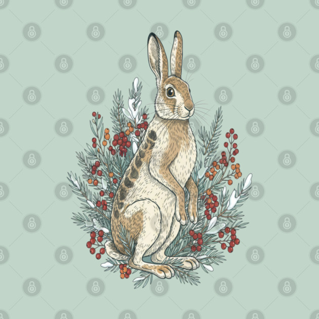 Snowshoe Hare With Winter Berries Vintage Naturalist Art by BirdsnStuff