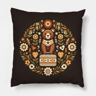 Boarding School Bear with Heart Suitcase – Scandinavian Folk Art Back to School Design © heidiannemorris Pillow