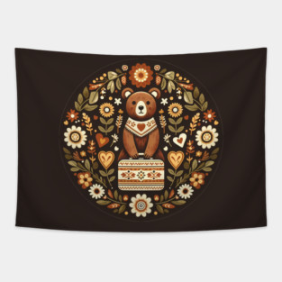 Boarding School Bear with Heart Suitcase – Scandinavian Folk Art Back to School Design © heidiannemorris Tapestry