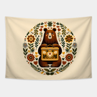 Boarding School Bear with Heart Suitcase – Scandinavian Folk Art Back to School Design © heidiannemorris Tapestry
