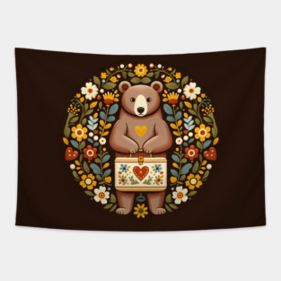 Boarding School Bear with Heart Suitcase – Scandinavian Folk Art Back to School Design © heidiannemorris Tapestry